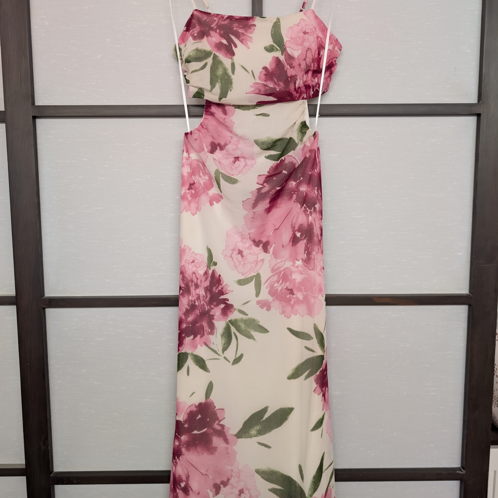 Nordstrom 4SI3NNA Tassia Pink Ivory Floral Dress Small Open Back EUC